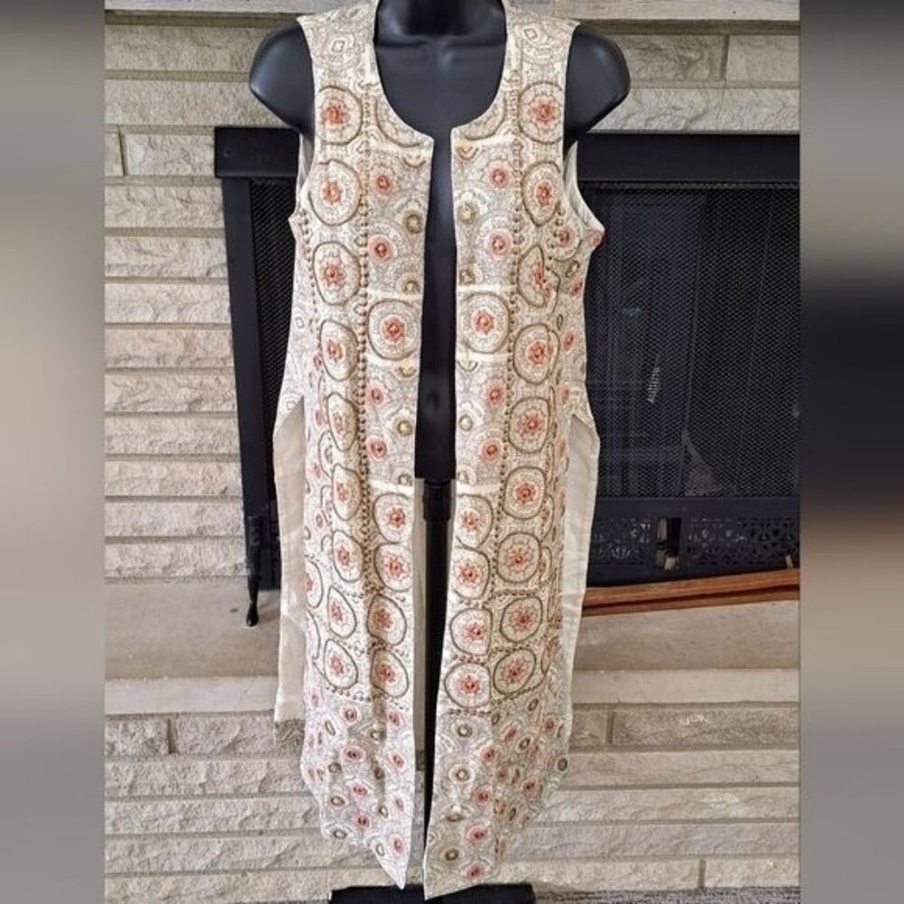 Soft Surroundings Cream Embroidered Sleeveless Long Tunic with Rust Accents